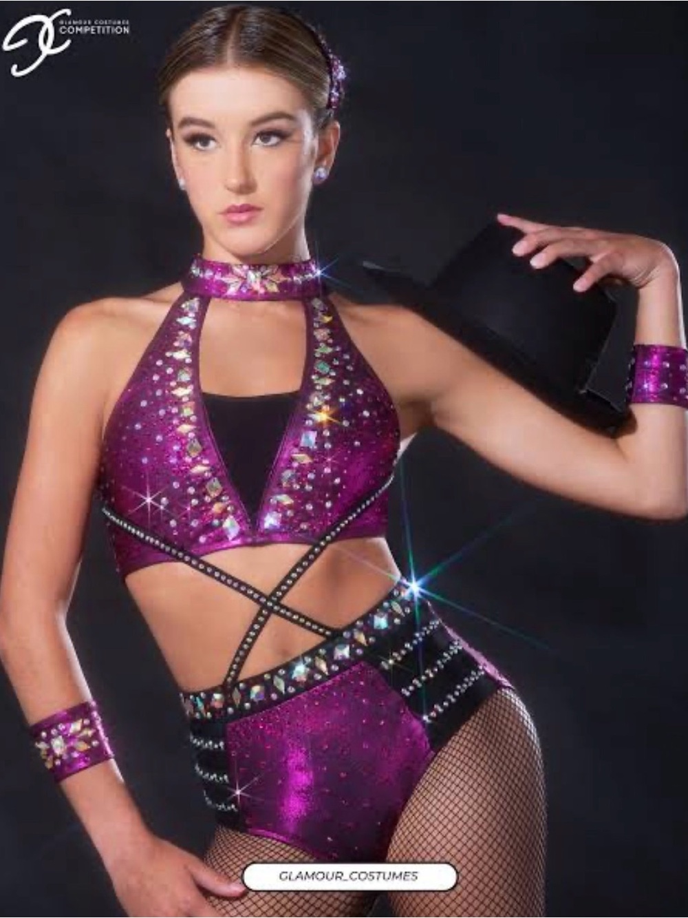 Glamour Rhinestoned Pink and Black Jazz Dance Costume